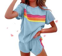 Genérico Womens 2 Piece Short Sets Casual Rainbow Striped Crewneck Short Outfits Elastic Shorts Sets New Lounge Tracksuits (Blue,XXL)