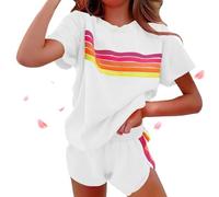 Genérico Womens 2 Piece Short Sets Casual Rainbow Striped Crewneck Short Outfits Elastic Shorts Sets New Lounge Tracksuits (White,L)