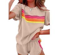 Genérico Womens 2 Piece Short Sets Outfits Lounge Tracksuits Sleeve Tops Elastic Shorts Casual Rainbow Striped Crewneck Short (khaki,XXL)