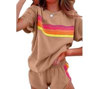 Genérico Womens 2 Piece Short Sets Outfits Lounge Tracksuits Sleeve Tops Elastic Shorts Casual Rainbow Striped Crewneck Short (brown,XL)