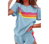 Genérico Womens 2 Piece Short Sets Outfits Lounge Tracksuits Sleeve Tops Elastic Shorts Casual Rainbow Striped Crewneck Short (blue,XL)