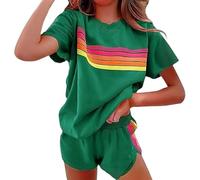 Genérico Womens 2 Piece Short Sets Outfits Lounge Tracksuits Sleeve Tops Elastic Shorts Casual Rainbow Striped Crewneck Short (green,XL)