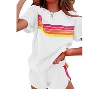 Genérico Womens 2 Piece Short Sets Outfits Lounge Tracksuits Sleeve Tops Elastic Shorts Casual Rainbow Striped Crewneck Short (white,M)