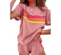 Genérico Womens 2 Piece Short Sets Outfits Lounge Tracksuits Sleeve Tops Elastic Shorts Casual Rainbow Striped Crewneck Short (pink,XXL)