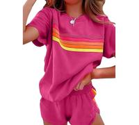 Genérico Womens 2 Piece Short Sets Outfits Lounge Tracksuits Sleeve Tops Elastic Shorts Casual Rainbow Striped Crewneck Short (red,XL)