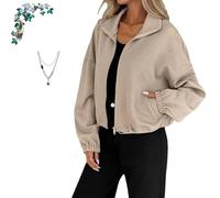 Genérico Women's 2026 Zipper Drawstring Hem Loose-fitting Jacket, Textured Drop Shoulder Outerwear, Casual Comfy Gym Tops (Khaki,XL)
