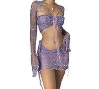Genérico Women's 3 Piece Skirt Set - Y2K Knitted Crochet Long Sleeve Halter Crop Sequin Top & Cardigan Short Skirt Outfits Going Out Suits (purple, S)