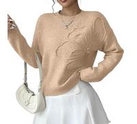 Genérico Women's 3D Floral Knit Sweater Crew Neck Lantern Sleeve Fall Winter Trendy Warm Chunky Pullover Tops (Champagne,XL)