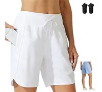 Genérico Women's Active 7 Inseam Athletic Long Running High Waistband Shorts,Fast-Drying Lightweight Drawstring Shorts with Pocket (FR/ES, Letras, XL, Regular, Regular, White)