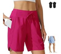 Genérico Women's Active 7 Inseam Athletic Long Running High Waistband Shorts,Fast-Drying Lightweight Drawstring Shorts with Pocket (FR/ES, Letras, L, Regular, Regular, Rose Red)