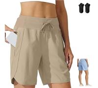Genérico Women's Active 7 Inseam Athletic Long Running High Waistband Shorts,Fast-Drying Lightweight Drawstring Shorts with Pocket (FR/ES, Letras, M, Regular, Regular, Khaki)
