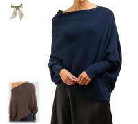 Genérico Women's Asymmetric Draped Jumper,Casual Batwing Sleeve Off The Shoulder Sweater,Winter Boat Neck Oversized Tops Knit Pullover