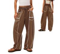 Genérico Womens Baggy Barrel Pants Wide Leg Lounge Drawstring Sweatpants with Pockets, Summer Lightweight Sweatpants with Pocket (Brown,XXL)