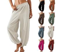 Genérico Women's Barrel Sweatpants High Waisted Harem Pants - Cotton Linen Baggy Wide Leg Beach Palazzo Trousers with Pockets (White,XL)