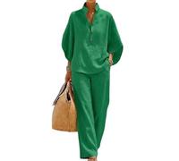Genérico Women's Batwing Sleeve Linen Cotton Two Piece Set, Button Down & Wide Leg Pants Outfit, Casual Beach Vacation Tracksuit (Green,XL)