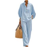 Genérico Women's Batwing Sleeve Linen Cotton Two Piece Set, Button Down & Wide Leg Pants Outfit, Casual Beach Vacation Tracksuit (Light Blue,XL)