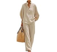 Genérico Women's Batwing Sleeve Linen Cotton Two Piece Set, Button Down & Wide Leg Pants Outfit, Casual Beach Vacation Tracksuit (Sand,XXL)