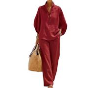 Genérico Women's Batwing Sleeve Linen Cotton Two Piece Set, Button Down & Wide Leg Pants Outfit, Casual Beach Vacation Tracksuit (Red,M)