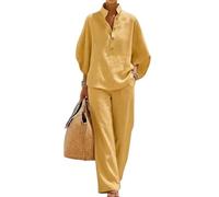 Genérico Women's Batwing Sleeve Linen Cotton Two Piece Set, Button Down & Wide Leg Pants Outfit, Casual Beach Vacation Tracksuit (Yellow,M)