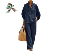 Genérico Women's Batwing Sleeve Linen Cotton Two Piece Set - Casual Shirt and Wide Leg Pants Outfit (Dark Blue, XX-Large)