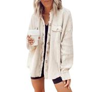 Genérico Women's Batwing Sleeve Waffle Knit Button down Shirt Shacket Tops, Shacket Casual Button Down Jacket with Pockets (D,S)