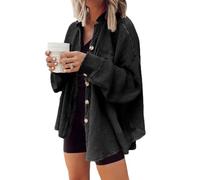 Genérico Women's Batwing Sleeve Waffle Knit Button down Shirt Shacket Tops, Shacket Casual Button Down Jacket with Pockets (B,S)