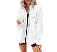 Genérico Women's Batwing Sleeve Waffle Knit Button down Shirt Vintage Banded Collar Button Down Baggy Shirt Tops with Pockets (5,XL)