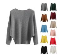 Genérico Women's Boat Neck Bat Sleeve Knitted Sweater, Autumn Winter Loose Long Warm Pullover, Boat Neck Sweaters for Women (Gray,One Size)