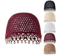 Genérico Women's Bohemian Crochet Hat with Shell,Summer Handmade Beanie Cap for Beach Vacation Festival Boho Pearl Trim Cap (Red)