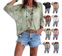 Genérico Women's Bohemian-Inspired Beige Crochet Top with V-Neck Handmade Crochet V-Neck Boho Top 3/4 Sleeve Hollow Blouse (Green,5XL)