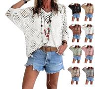 Genérico Women's Bohemian-Inspired Beige Crochet Top with V-Neck Handmade Crochet V-Neck Boho Top 3/4 Sleeve Hollow Blouse (White,M)