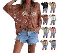 Genérico Women's Bohemian-Inspired Beige Crochet Top with V-Neck Handmade Crochet V-Neck Boho Top 3/4 Sleeve Hollow Blouse (Brown,3XL)
