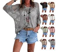 Genérico Women's Bohemian-Inspired Beige Crochet Top with V-Neck Handmade Crochet V-Neck Boho Top 3/4 Sleeve Hollow Blouse (Grey,XL)