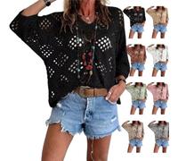 Genérico Women's Bohemian-Inspired Beige Crochet Top with V-Neck Handmade Crochet V-Neck Boho Top 3/4 Sleeve Hollow Blouse (Black,M)