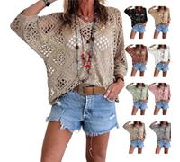 Genérico Women's Bohemian-Inspired Beige Crochet Top with V-Neck Handmade Crochet V-Neck Boho Top 3/4 Sleeve Hollow Blouse (Khaki,M)
