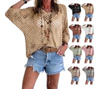 Genérico Women's Bohemian-Inspired Beige Crochet Top with V-Neck Handmade Crochet V-Neck Boho Top 3/4 Sleeve Hollow Blouse (Apricot,L)