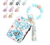 Genérico Women's Boho Beaded Wallet, Boho Style Beaded Tassel Decorated Keychain Wristlet Wallet with Flower Pattern (Light Blue)