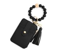 Genérico Women's Boho Beaded Wallet with Flower Pattern, Boho Style Beaded & Tassel Decor Keychain Wallet, Wristlet Purse (Black)
