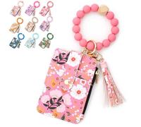 Genérico Women's Boho Beaded Wallet with Flower Pattern Boho Style Beaded Tassel Decorated Keychain Wristlet Wallet Card Holder Purse (Dark Pink)