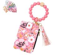 Genérico Women's Boho Beaded Wallet with Flower Pattern, Boho Style Beaded Tassel Keychain Wallet, Wristlet Keychain Cute Purse (Dark Pink)
