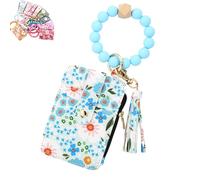 Genérico Women's Boho Beaded Wallet with Flower Pattern, Boho Style Beaded Tassel Keychain Wallet, Wristlet Keychain Cute Purse (Light Blue)