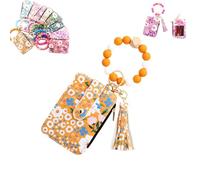 Genérico Women's Boho Beaded Wallet with Flower Pattern, Boho Style Beaded Tassel Keychain Wallets, Wristlet Keychainwallet with Flower Patterns (Yellow)