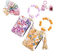 Genérico Women's Boho Beaded Wallet with Flower Pattern, Boho Style Beaded Tassel Keychain Wallets, Wristlet Keychainwallet with Flower Patterns (2PCS F)