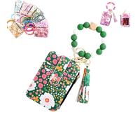 Genérico Women's Boho Beaded Wallet with Flower Pattern, Boho Style Beaded Tassel Keychain Wallets, Wristlet Keychainwallet with Flower Patterns (Green)