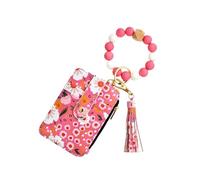 Genérico Women's Boho Beaded Wallet with Flower Pattern, Bracelet Keychain Wallet & Credit Card Holder Purse with Tassel Decor (Deep Pink)