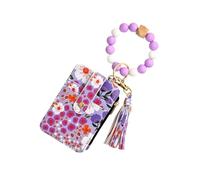 Genérico Women's Boho Beaded Wallet with Flower Pattern, Bracelet Keychain Wallet & Credit Card Holder Purse with Tassel Decor (Purple)