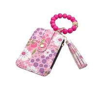 Genérico Women's Boho Beaded Wallet, Women Boho Style Beaded & Tassel Decorated Keychain, Wristlet Keychain with Flower Pattern(Rose Red)