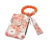 Genérico Women's Boho Beaded Wallet, Women Boho Style Beaded & Tassel Decorated Keychain, Wristlet Keychain with Flower Pattern(Yellow)