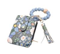 Genérico Women's Boho Beaded Wallet, Women Boho Style Beaded & Tassel Decorated Keychain, Wristlet Keychain with Flower Pattern(Blue)