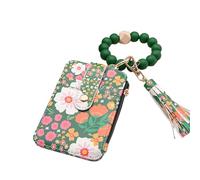Genérico Women's Boho Beaded Wallet, Women Boho Style Beaded & Tassel Decorated Keychain, Wristlet Keychain with Flower Pattern(Green)